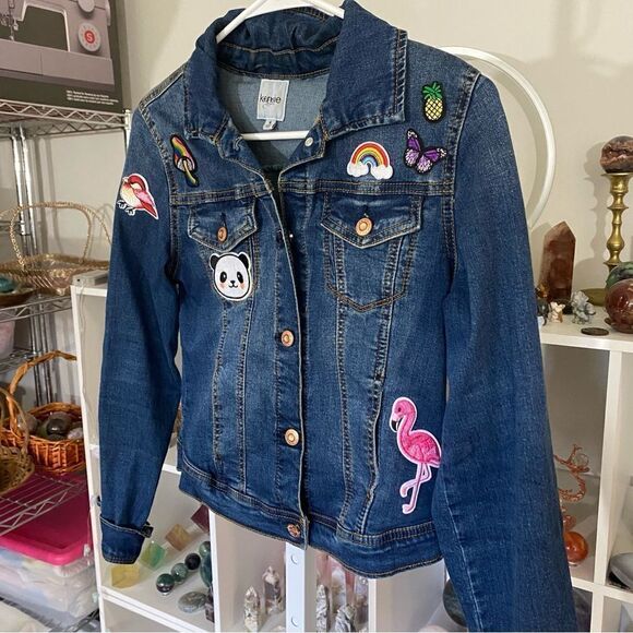 Custom patch denim jacket girlie KENSIE small blue denim cotton - Picture 9 of 10